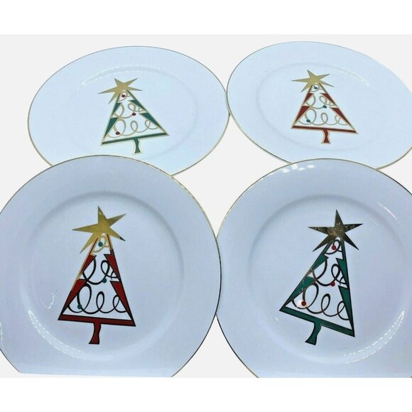 PIER ONE Christmas Tree Porcelain Dessert Plates Set of Four Vintage Red & Green - Picture 1 of 12